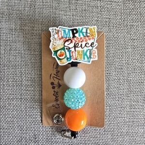 Autumn Fall Pumpkin Spice Lattie Beaded Retractable Badge Work ID Holder Reel